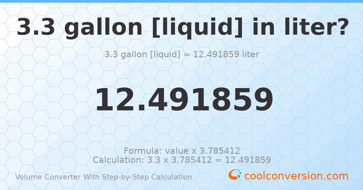 3.3 gallons [liquid] = 12.4919 liters